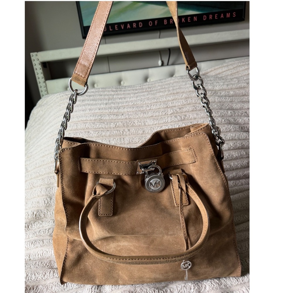 Michael Kors Hamilton Tan Suede Satchel Bag Silver Hardware Lock & Key Large - Picture 14 of 14